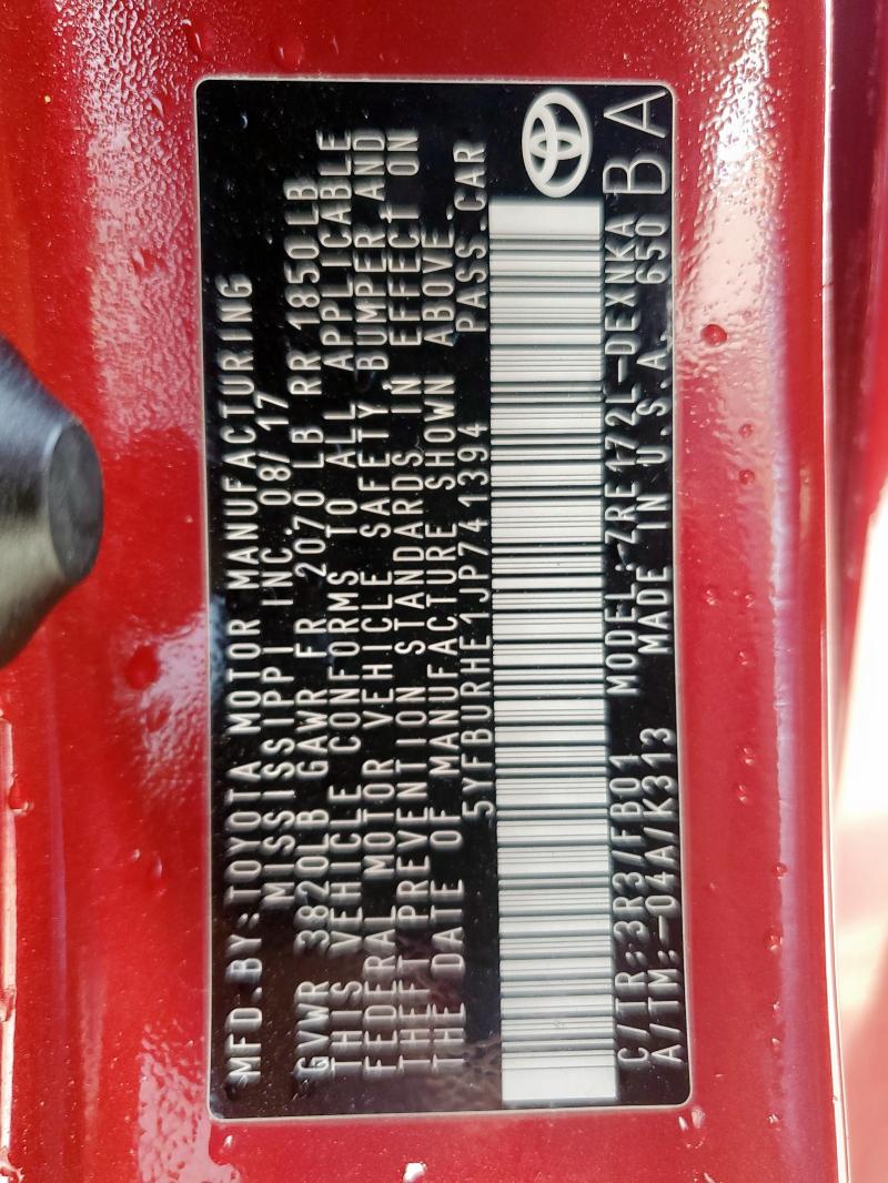 Photo 14 from auction – 2018 TOYOTA COROLLA L with VIN 5YFBURHE1JP741394