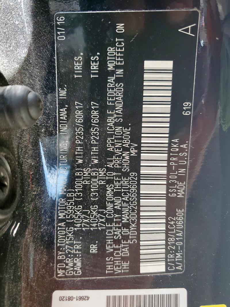 Photo 14 from auction – 2016 TOYOTA SIENNA XLE with VIN 5TDYK3DC2GS696029