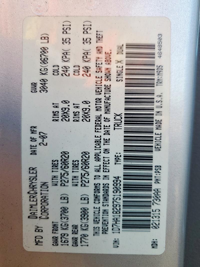 Photo 14 from auction – 2007 DODGE RAM 1500 S with VIN 1D7HA18297S190994