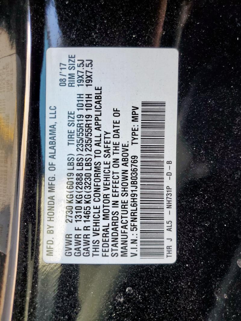 Photo 14 from auction – 2018 HONDA ODYSSEY EL with VIN 5FNRL6H91JB036769