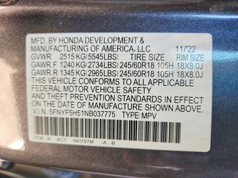 Photo 14 from auction – 2022 HONDA PILOT with VIN 5FNYF5H51NB037775