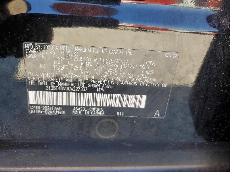 Photo 14 from auction – 2012 TOYOTA RAV4 with VIN 2T3BF4DV0CW227337