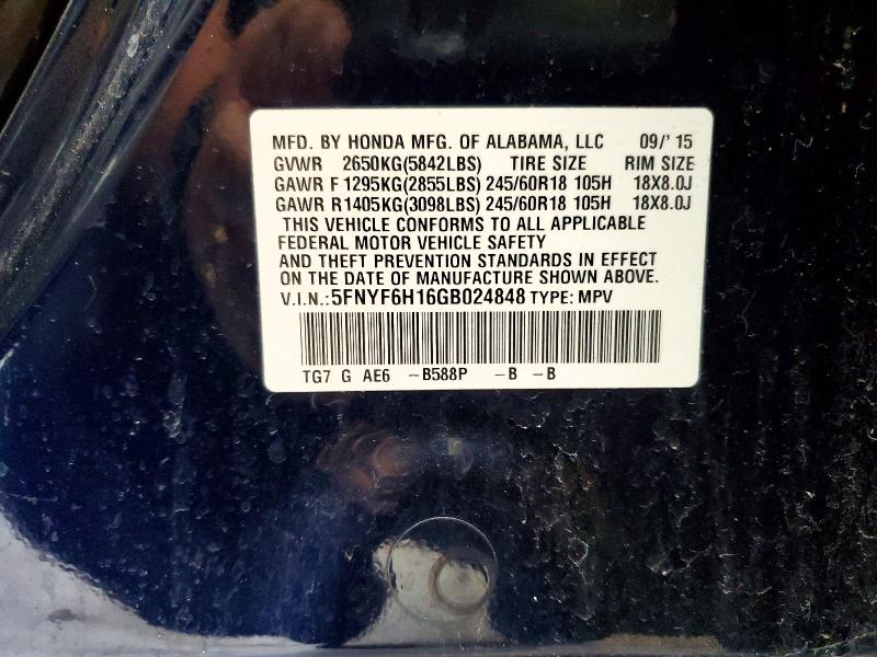 Photo 14 from auction – 2016 HONDA PILOT with VIN 5FNYF6H16GB024848