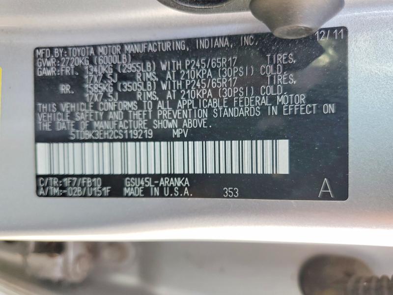 Photo 14 from auction – 2012 TOYOTA HIGHLANDER with VIN 5TDBK3EH2CS119219
