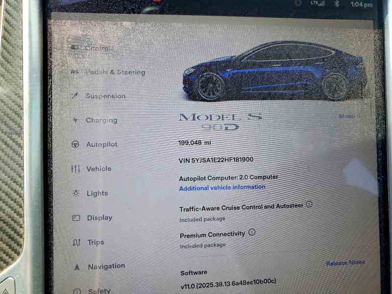 Photo 9 from auction – 2017 TESLA MODEL S with VIN 5YJSA1E22HF181900
