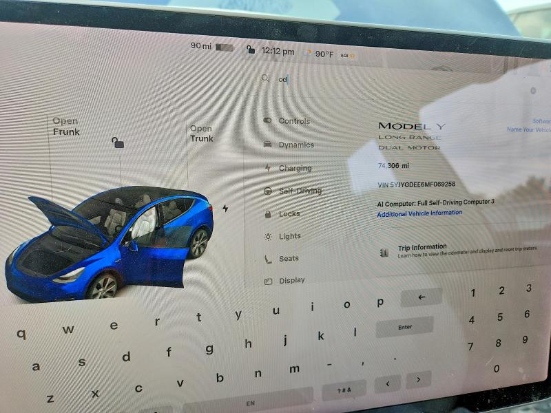 Photo 9 from auction – 2021 TESLA MODEL Y with VIN 5YJYGDEE6MF069258