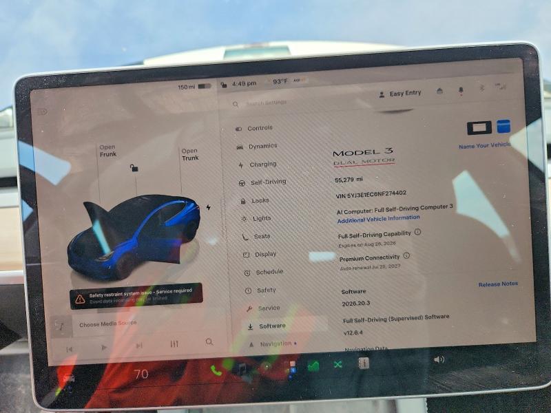 Photo 9 from auction – 2022 TESLA MODEL 3 with VIN 5YJ3E1EC6NF274402