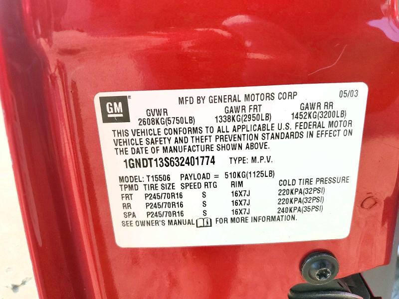 Photo 14 from auction – 2003 CHEVROLET TRAILBLAZER with VIN 1GNDT13S632401774