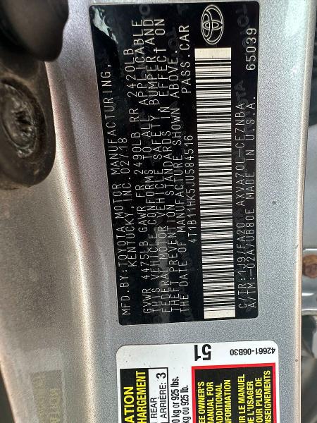 Photo 10 from auction – 2018 TOYOTA CAMRY with VIN 4T1B11HK5JU584516