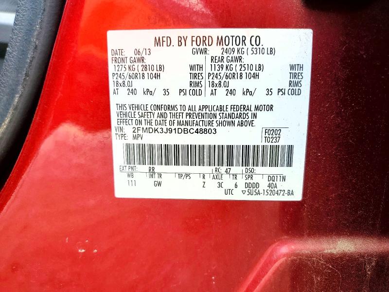 Photo 14 from auction – 2013 FORD EDGE with VIN 2FMDK3J91DBC48803