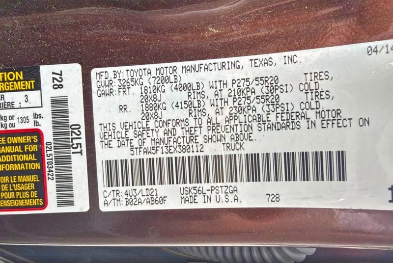 Photo 10 from auction – 2014 TOYOTA TUNDRA with VIN 5TFAW5F13EX380112