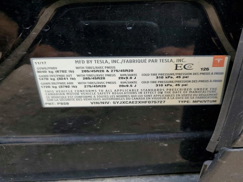 Photo 14 from auction – 2017 TESLA MODEL X with VIN 5YJXCAE2XHF075727