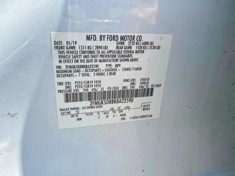 Photo 10 from auction – 2019 FORD FLEX with VIN 2FMGK5D88KBA22590
