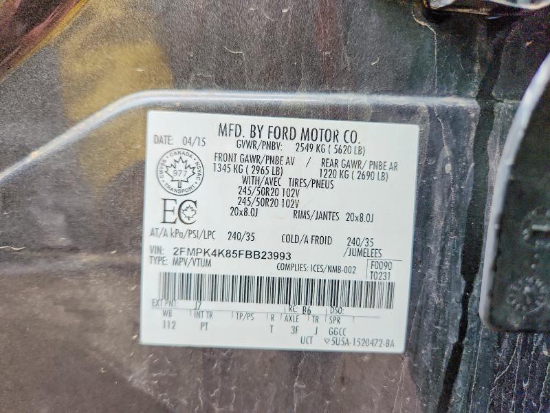 Photo 14 from auction – 2015 FORD EDGE with VIN 2FMPK4K85FBB23993
