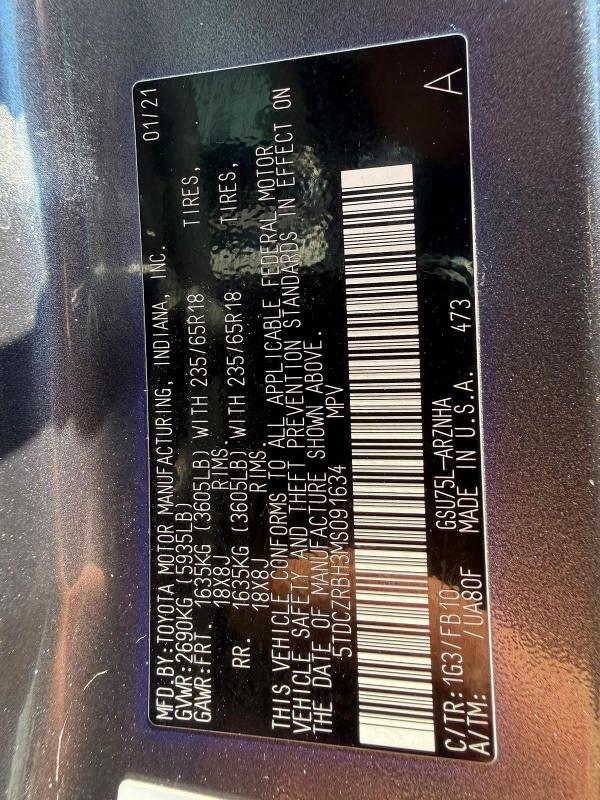 Photo 11 from auction – 2021 TOYOTA HIGHLANDER with VIN 5TDCZRBH3MS091634
