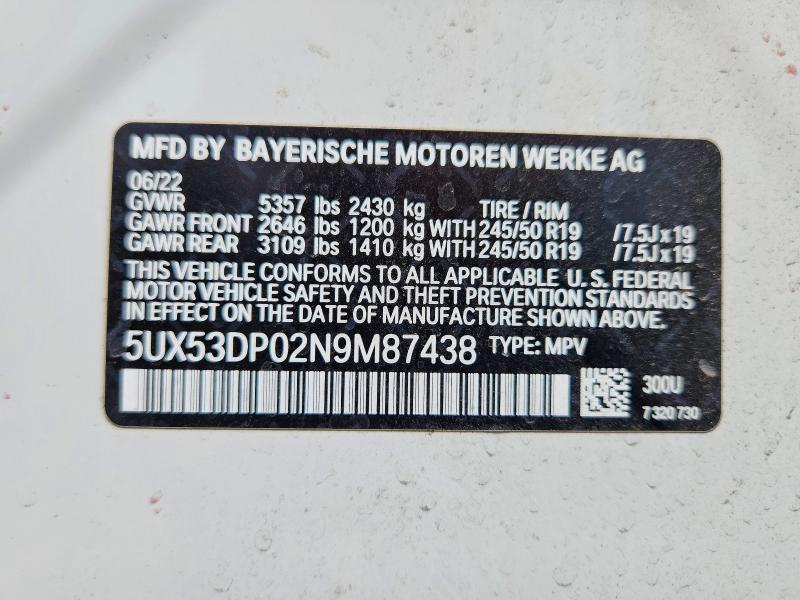 Photo 14 from auction – 2022 BMW X3 with VIN 5UX53DP02N9M87438