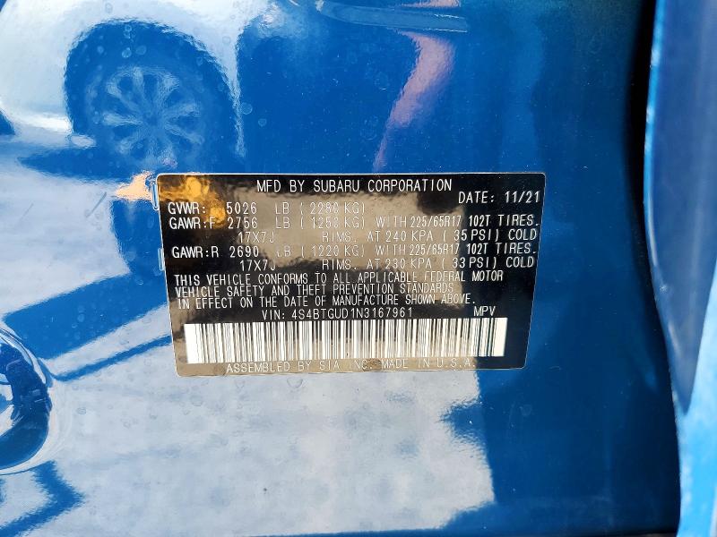 Photo 14 from auction – 2022 SUBARU OUTBACK with VIN 4S4BTGUD1N3167961