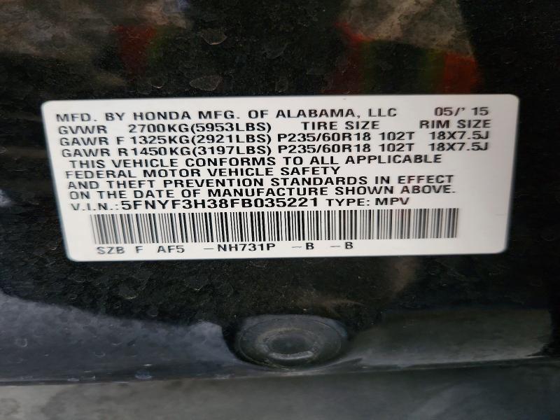 Photo 14 from auction – 2015 HONDA PILOT with VIN 5FNYF3H38FB035221