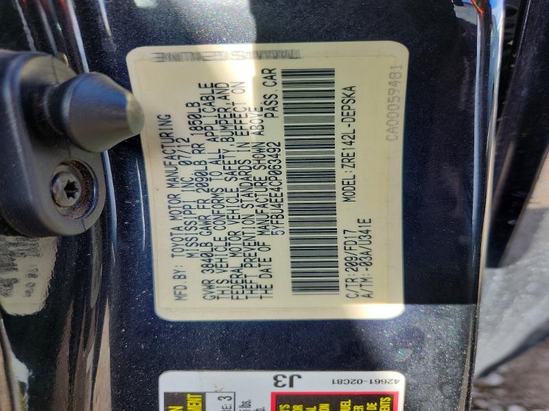 Photo 14 from auction – 2012 TOYOTA COROLLA with VIN 5YFBU4EE4CP063492
