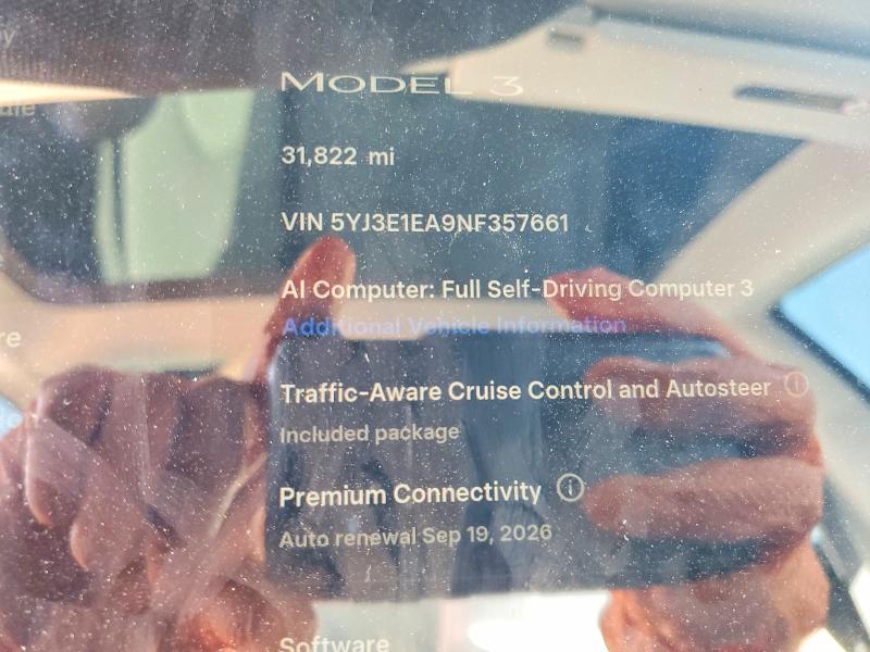 Photo 9 from auction – 2022 TESLA MODEL 3 with VIN 5YJ3E1EA9NF357661