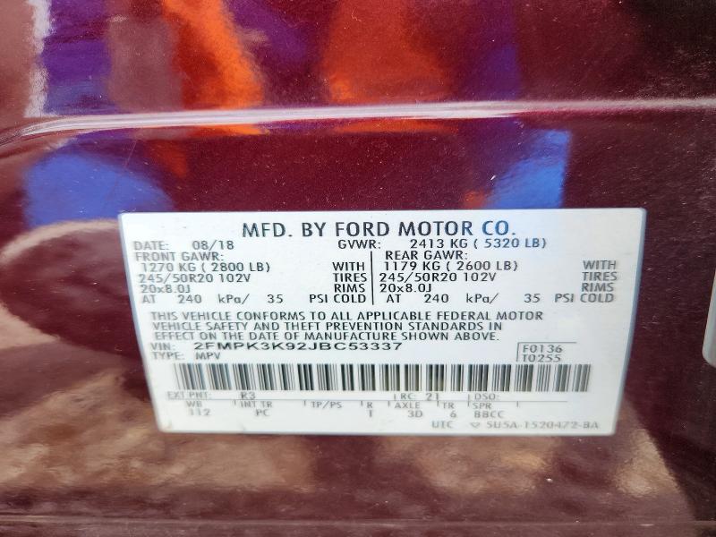 Photo 14 from auction – 2018 FORD EDGE with VIN 2FMPK3K92JBC53337