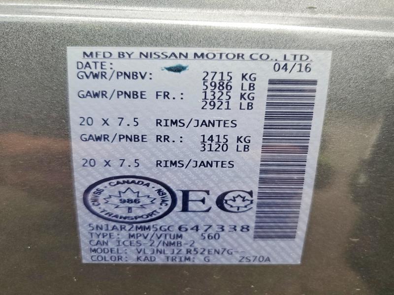 Photo 14 from auction – 2016 NISSAN PATHFINDER with VIN 5N1AR2MM5GC647338