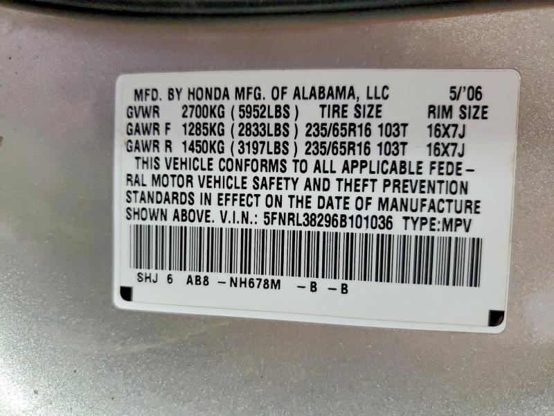 Photo 14 from auction – 2006 HONDA ODYSSEY with VIN 5FNRL38296B101036