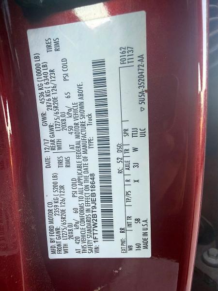 Photo 10 from auction – 2018 FORD F250 with VIN 1FT7W2BT9JEB18648