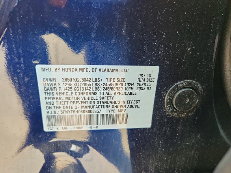 Photo 14 from auction – 2019 HONDA PILOT with VIN 5FNYF6H06KB008357