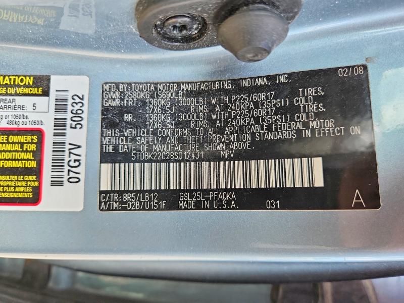 Photo 14 from auction – 2008 TOYOTA SIENNA with VIN 5TDBK22C28S017431