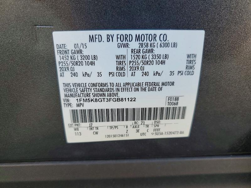 Zdjęcie 14 z aukcji – 2015 FORD EXPLORER z VIN 1FM5K8GT3FGB81122
