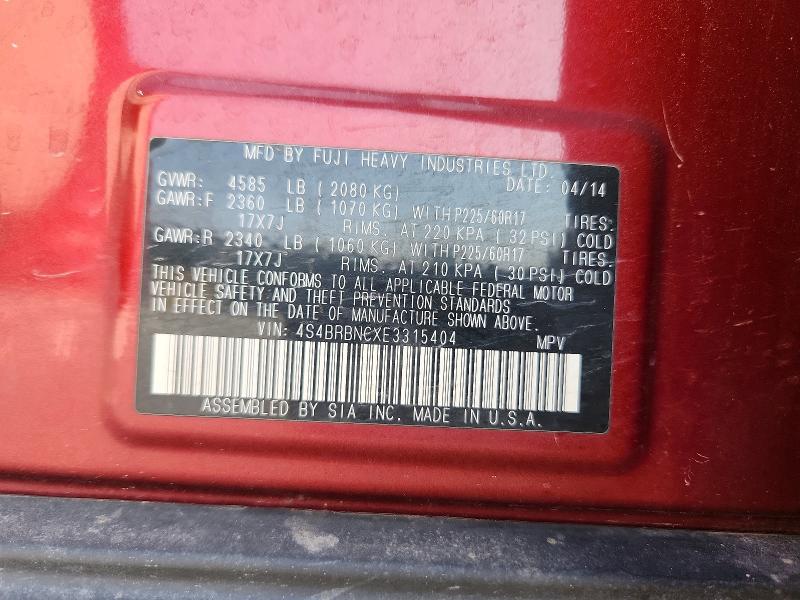 Photo 14 from auction – 2014 SUBARU OUTBACK with VIN 4S4BRBNCXE3315404