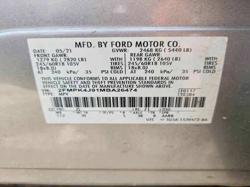 Photo 14 from auction – 2021 FORD EDGE with VIN 2FMPK4J91MBA26474
