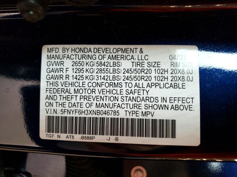 Photo 14 from auction – 2022 HONDA PILOT with VIN 5FNYF6H3XNB046785
