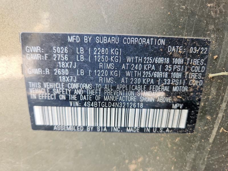 Photo 14 from auction – 2022 SUBARU OUTBACK with VIN 4S4BTGLD4N3212618