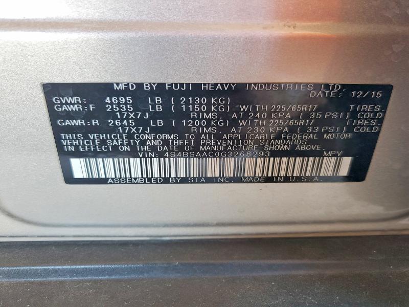 Photo 14 from auction – 2016 SUBARU OUTBACK with VIN 4S4BSAAC0G3268293