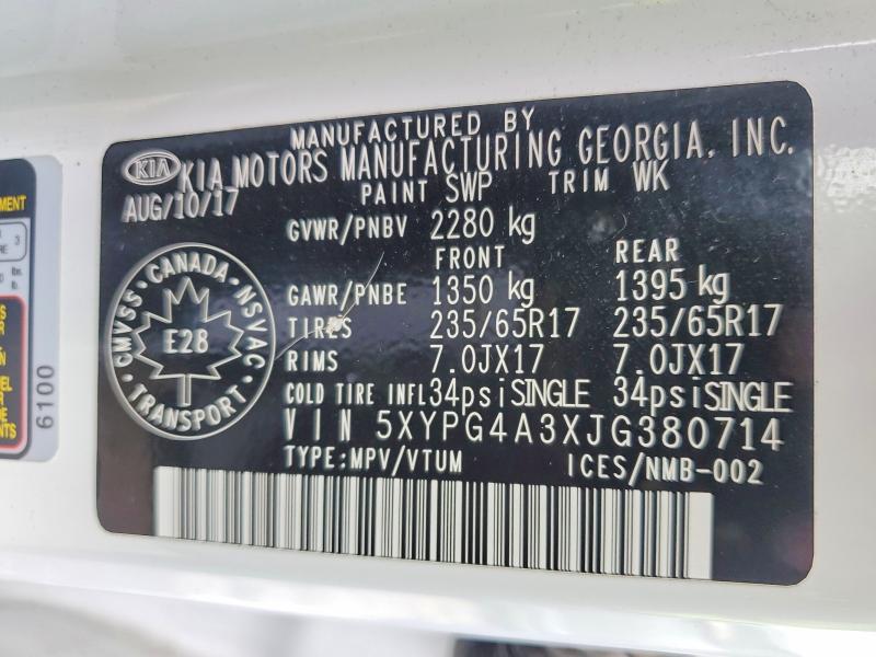 Photo 14 from auction – 2018 KIA SORENTO with VIN 5XYPG4A3XJG380714