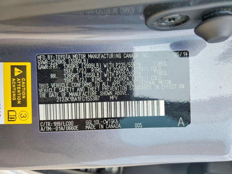 Photo 14 from auction – 2015 LEXUS RX 350 with VIN 2T2ZK1BA1FC155387