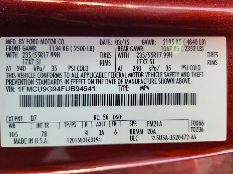 Photo 14 from auction – 2015 FORD ESCAPE with VIN 1FMCU9G94FUB94541