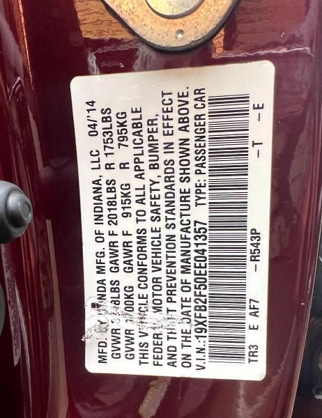 Photo 10 from auction – 2014 HONDA CIVIC with VIN 19XFB2F50EE041357