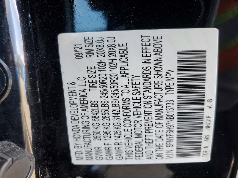 Photo 14 from auction – 2022 HONDA PILOT with VIN 5FNYF6H97NB013733