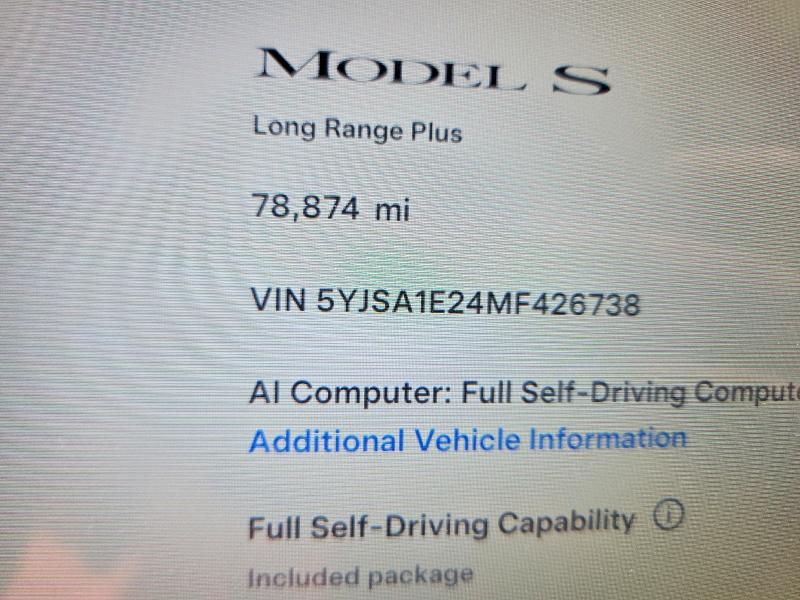 Photo 9 from auction – 2021 TESLA MODEL S with VIN 5YJSA1E24MF426738