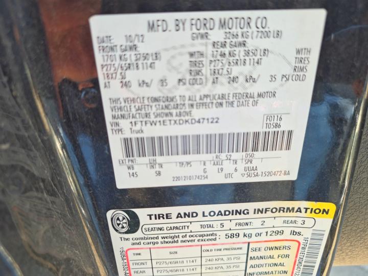 Photo 10 from auction – 2013 FORD F150 with VIN 1FTFW1ETXDKD47122