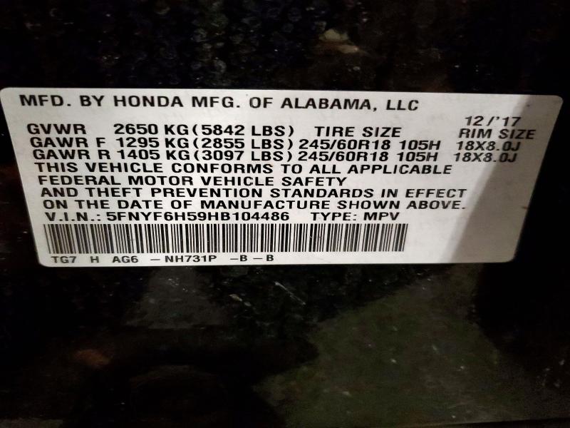 Photo 14 from auction – 2017 HONDA PILOT with VIN 5FNYF6H59HB104486