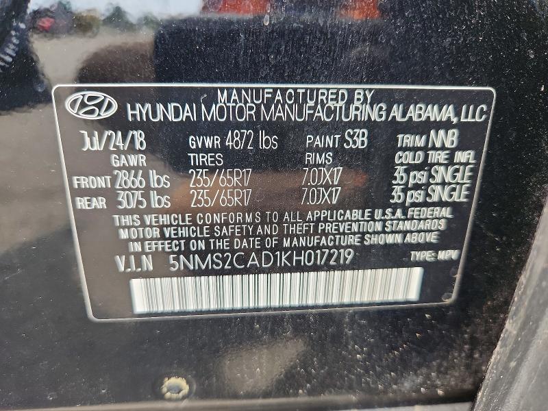 Снимка 14 от търг – 2019 HYUNDAI SANTA FE с VIN 5NMS2CAD1KH017219