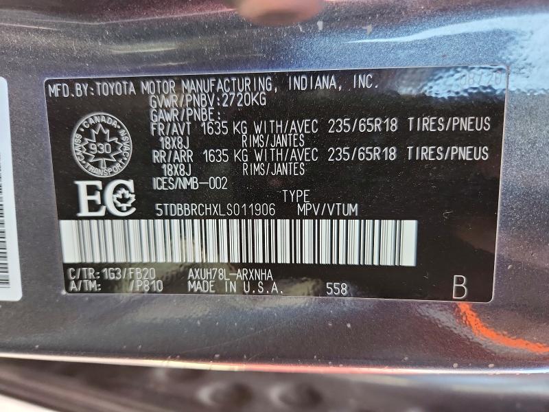 Photo 14 from auction – 2020 TOYOTA HIGHLANDER with VIN 5TDBBRCHXLS011906