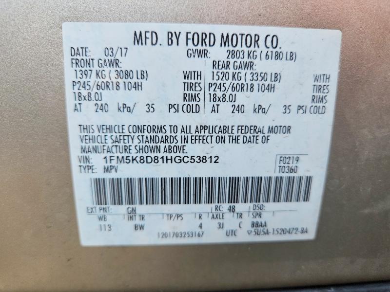 Zdjęcie 14 z aukcji – 2017 FORD EXPLORER z VIN 1FM5K8D81HGC53812