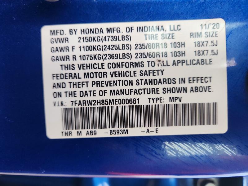 Photo 14 from auction – 2021 HONDA CR-V with VIN 7FARW2H85ME000681
