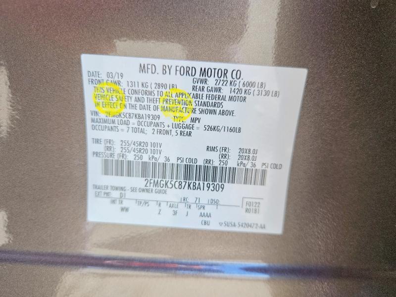 Фото 14 с аукциона – 2019 FORD FLEX с VIN 2FMGK5C87KBA19309