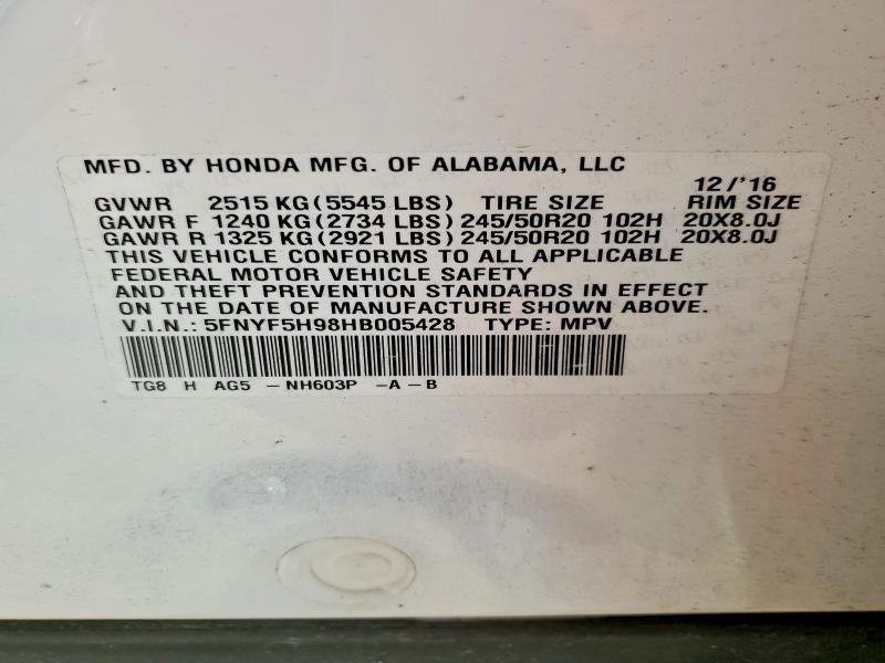 Photo 14 from auction – 2017 HONDA PILOT with VIN 5FNYF5H98HB005428